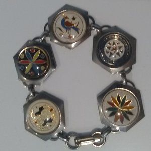 Vintage 1970's Pennsylvania Dutch Folk Art Panel Link Bracelet